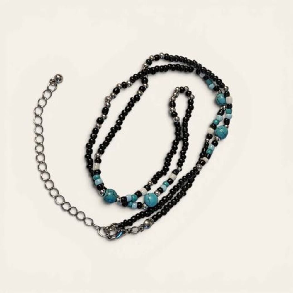 22" Black & Turquoise Blue Beaded Necklace w/ 2.8" ext chain